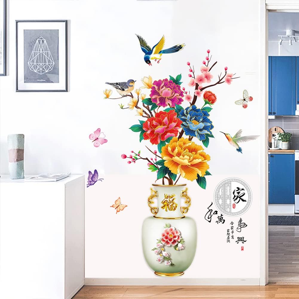 Dechom Peony Flower Pot Vase Wall Sticker Home Wall Art Hallway Corridor Background Aesthetic Decoration Wall Mural Vinyl Decals
