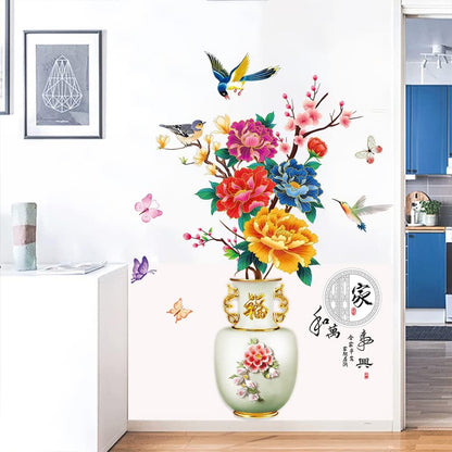 Dechom Peony Flower Pot Vase Wall Sticker Home Wall Art Hallway Corridor Background Aesthetic Decoration Wall Mural Vinyl Decals