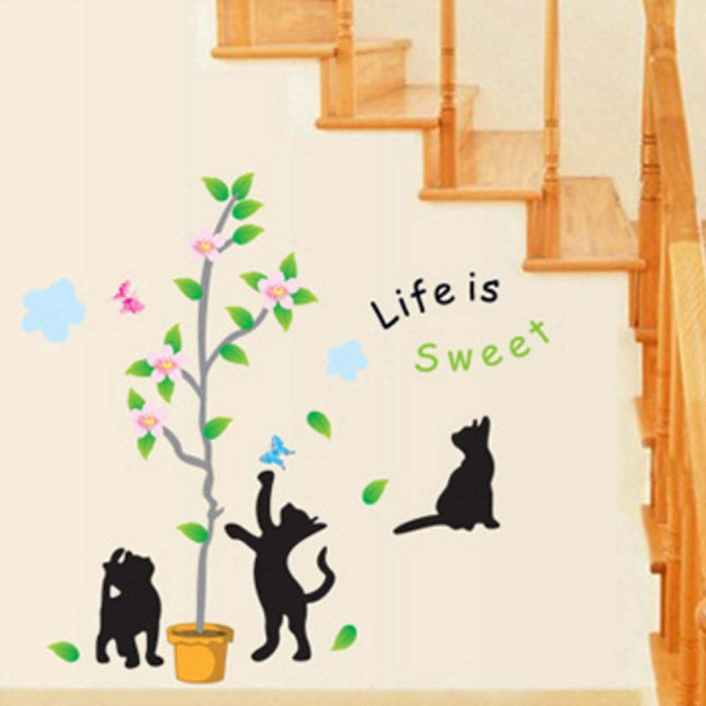 Lovely chats feuilles Papillons Arbre Fleurs Sticker mural Sticker Home Papier amovible Salon Salle à manger Chambre Cuisine Art Picture murals DIY Stick filles garçons enfants jeux chambre bébé Décoration