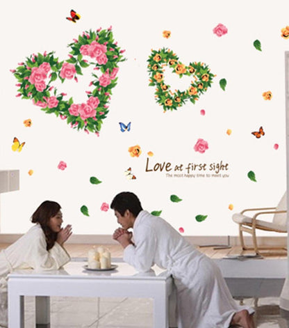 Ays6014 BIBITIME 2 Romantic Flower Hearts Meet "Love at First Sight" Valentines Day Vinyl Quotes Butterfly Lovers Wall Decals Sticker