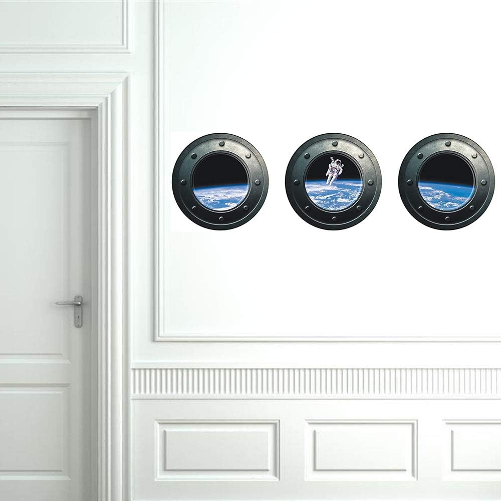 DNVEN 13 inches x 13 inches x 3pcs Set of 3 3D Astronaut Spaceman Galaxy Space Window View Faux Submarine Window Partial Frosted Frosting Murals Wall Decals Removable Wall Stickers for Bedrooms
