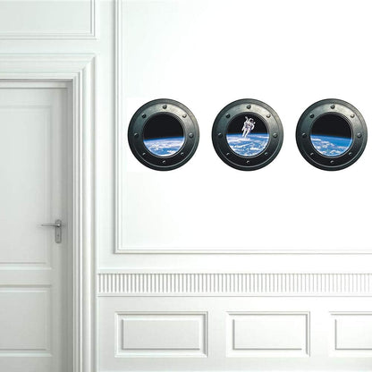 DNVEN 13 inches x 13 inches x 3pcs Set of 3 3D Astronaut Spaceman Galaxy Space Window View Faux Submarine Window Partial Frosted Frosting Murals Wall Decals Removable Wall Stickers for Bedrooms