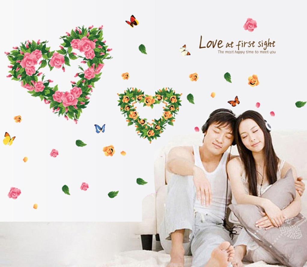 Ays6014 BIBITIME 2 Romantic Flower Hearts Meet "Love at First Sight" Valentines Day Vinyl Quotes Butterfly Lovers Wall Decals Sticker