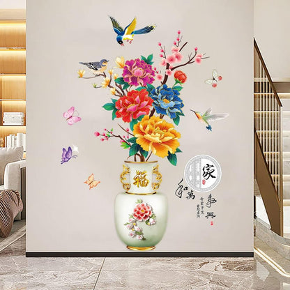 Dechom Peony Flower Pot Vase Wall Sticker Home Wall Art Hallway Corridor Background Aesthetic Decoration Wall Mural Vinyl Decals
