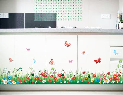 AY7186 Tattoo Green Grass Meadow Wall Sticker DIY Colourful Flowers & Butterflies Mural for Children's Room Living Room Bedroom Baseboard Hallway Wardrobe