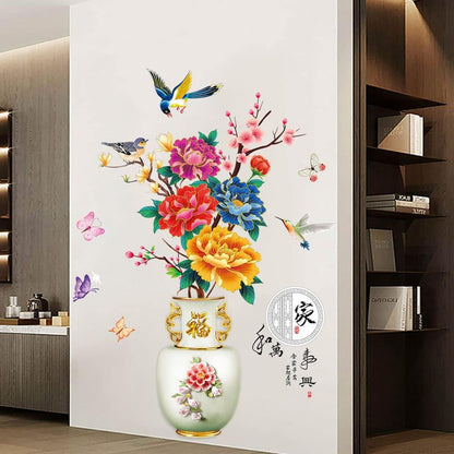 Dechom Peony Flower Pot Vase Wall Sticker Home Wall Art Hallway Corridor Background Aesthetic Decoration Wall Mural Vinyl Decals