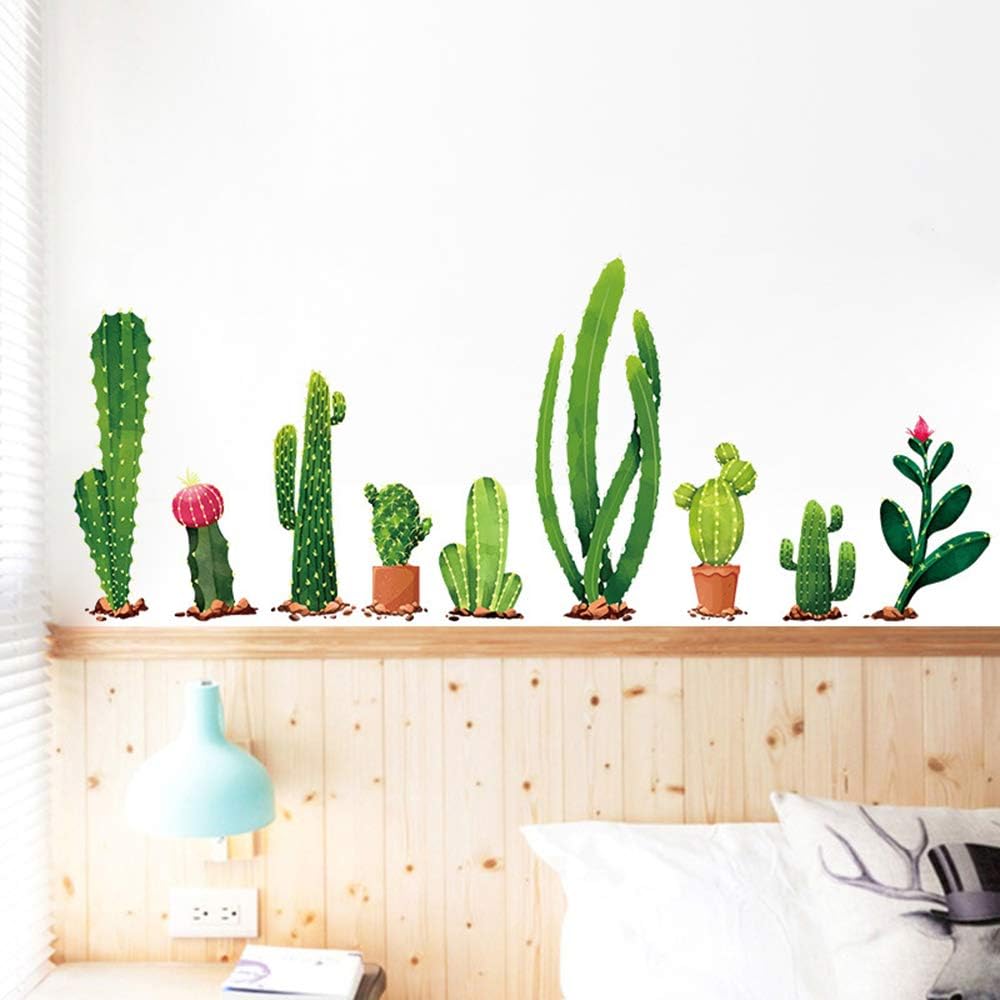 Xh9312 Green Cactus Potted Plant Wall Decal, Nature Tropical Leaf Wall Sticker for Kids, DILIBRA Removable DIY Art Murals Wall Decor for Bedroom Living Room Nursery Bathroom Home Decoration