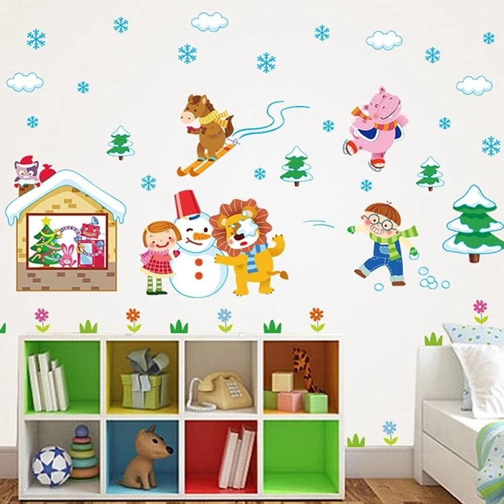 Winter Snow Animals Skiing Children Snowman Wall Stickers Kids Room Bedroom Kindergarten Removable Kids Playing Game Stickers