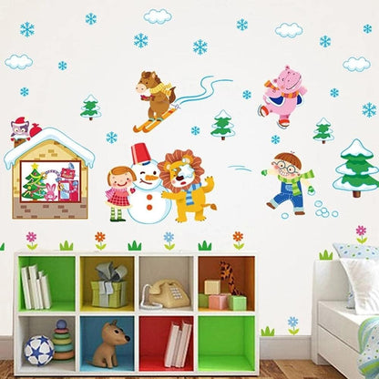 Winter Snow Animals Skiing Children Snowman Wall Stickers Kids Room Bedroom Kindergarten Removable Kids Playing Game Stickers