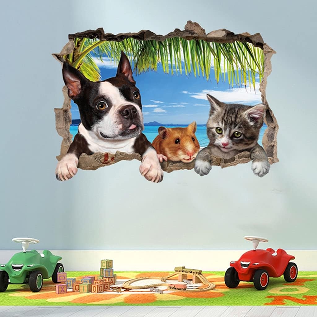 Sk7150 Chinese Sticker Cute Cartoon Animal 3D Wall Stickers for Boys and Girls Bedroom, Creative Cat, Dog and Hamster Background Wall Decoration, Self-Adhesive Mural Stickers