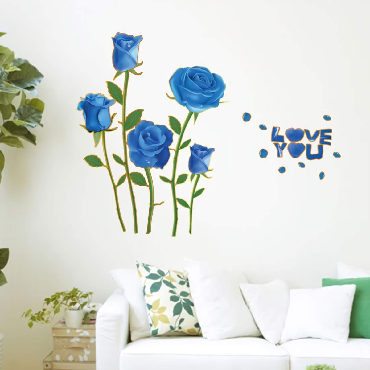 Sk6008 Blue Rose Flower Wall Stickers with Phnom Penh, Vinyl Waterproof Flower Wall Decals for Living Room, Bedroom, Office