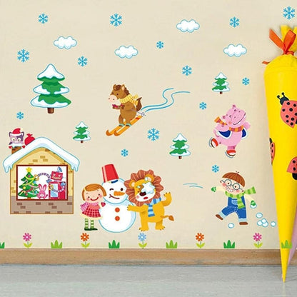 Winter Snow Animals Skiing Children Snowman Wall Stickers Kids Room Bedroom Kindergarten Removable Kids Playing Game Stickers