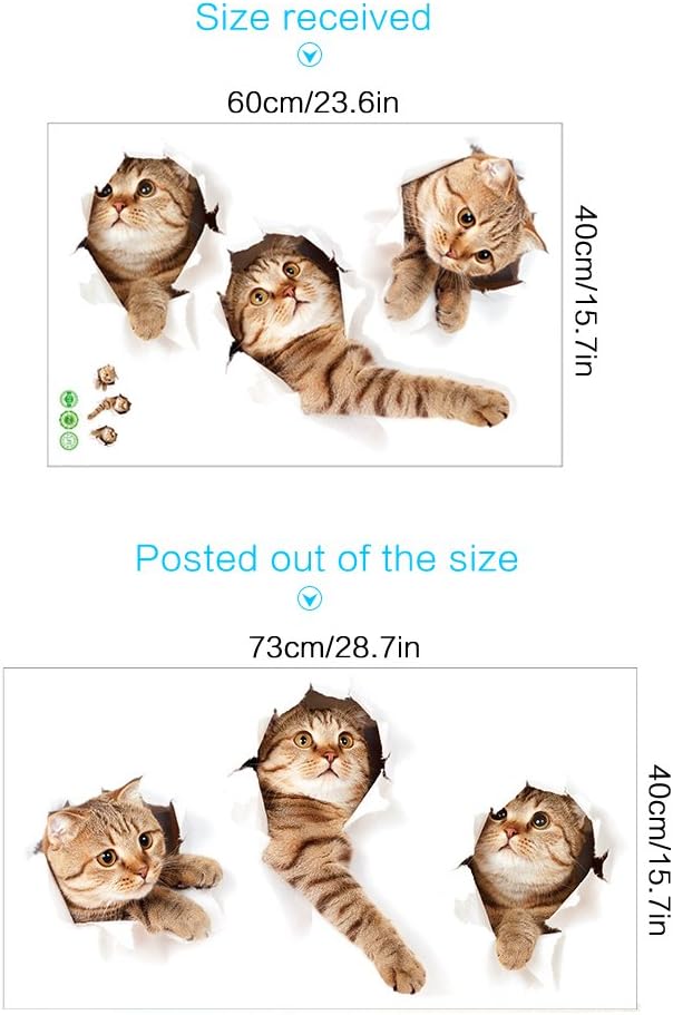 XH6215 3D Stickers Animals Large Cat Stickers Wall Cute Cat Wallpaper Art Decoration for Bedroom, Nursery, Toilet, Kitchen, Living Room, Boys and Girls