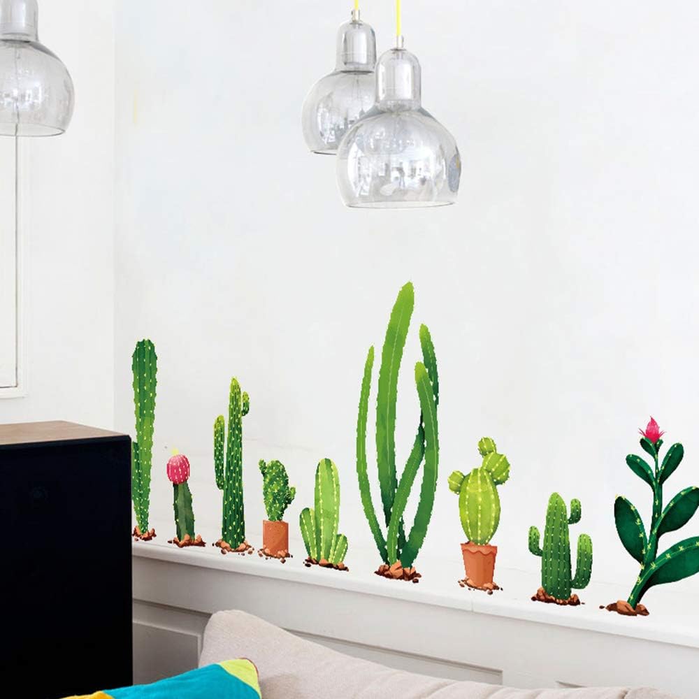 Xh9312 Green Cactus Potted Plant Wall Decal, Nature Tropical Leaf Wall Sticker for Kids, DILIBRA Removable DIY Art Murals Wall Decor for Bedroom Living Room Nursery Bathroom Home Decoration