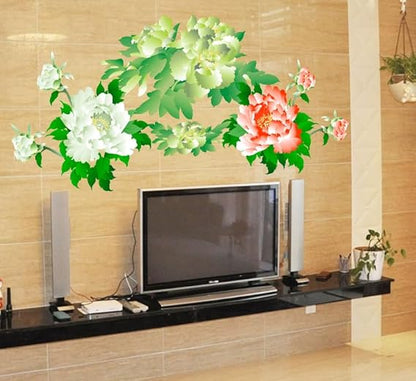 JAAMSO ROYALS Red and White with Green Leaves Design Self Adhesive Peel and Stick Decorative Wall Sticker for Wall Decor and Home Decor (60CM X 90CM)