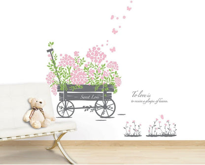 DM570049 Gardens Theme Adhesive Rooms Walls Vinyl DIY Stickers / Murals / Decals / Tattoos / Transfers With Wheelbarrow And Pink Flowers By VAGA