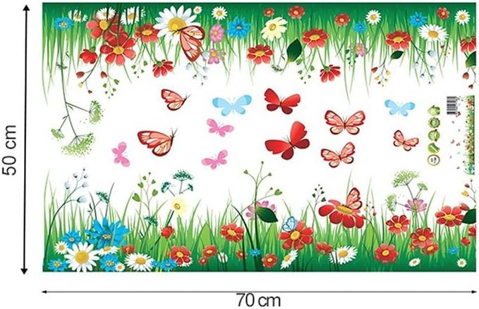 AY7186 Tattoo Green Grass Meadow Wall Sticker DIY Colourful Flowers & Butterflies Mural for Children's Room Living Room Bedroom Baseboard Hallway Wardrobe