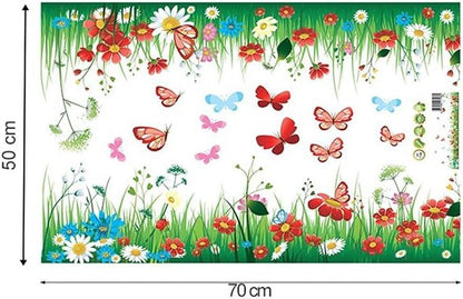 AY7186 Tattoo Green Grass Meadow Wall Sticker DIY Colourful Flowers & Butterflies Mural for Children's Room Living Room Bedroom Baseboard Hallway Wardrobe