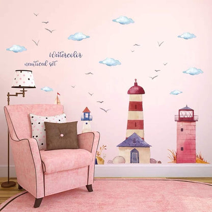HM92019 Watercolor Lighthouse Wall Stickers Sailing Clouds Wall Sticker