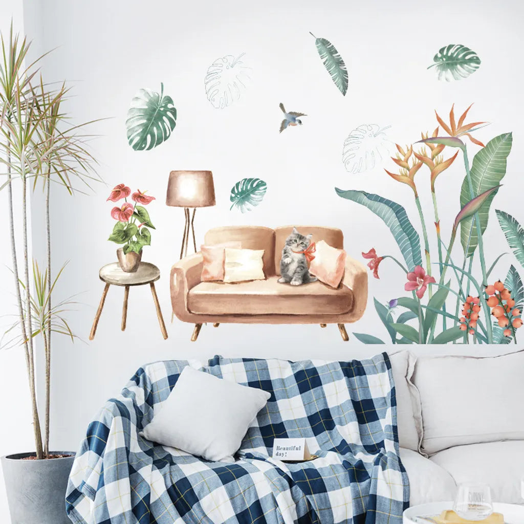 WS0388 NORDIC GREEN PLANT & CAT WALL STICKER