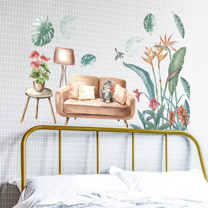 WS0388 NORDIC GREEN PLANT & CAT WALL STICKER