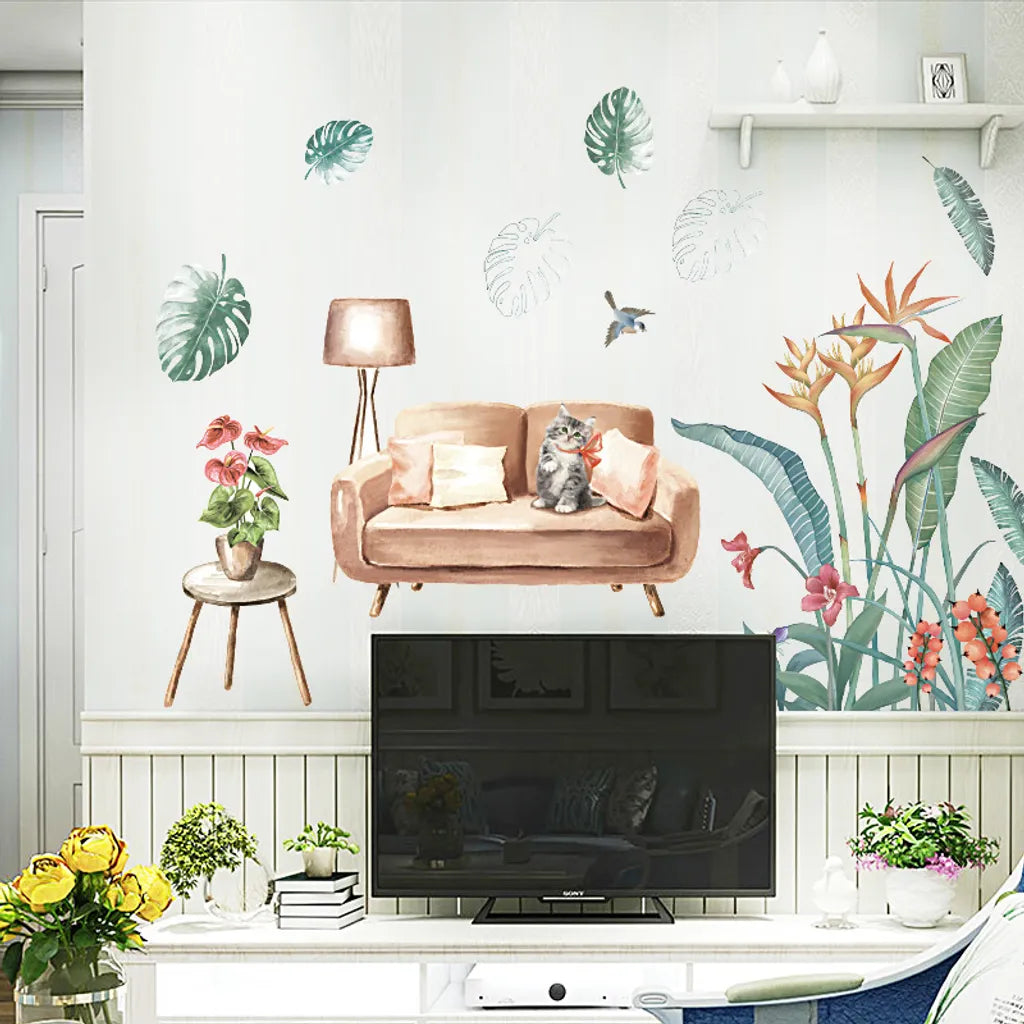WS0388 NORDIC GREEN PLANT & CAT WALL STICKER