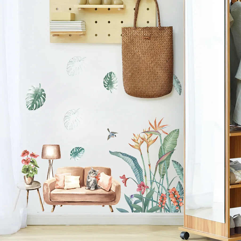 WS0388 NORDIC GREEN PLANT & CAT WALL STICKER