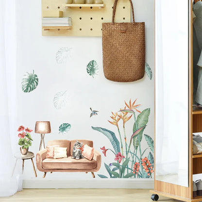 WS0388 NORDIC GREEN PLANT & CAT WALL STICKER