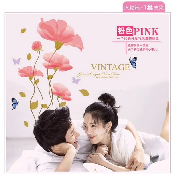 3D Romantic Warm Pink Enchanting Flower Wall Stickers Wall Decal PVC Transparent Film for Living Room Children's Room TV Sofa Background Wall Art Decors