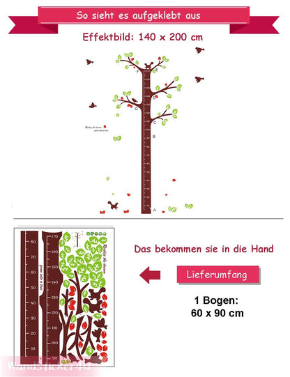 WandSticker4U - Peel and Stick- Happy Tree Height Chart | Size:140 x 200 cm | removable Wall Sticker Growth Chart for Nursery, Bedroom, Baby Room children's room