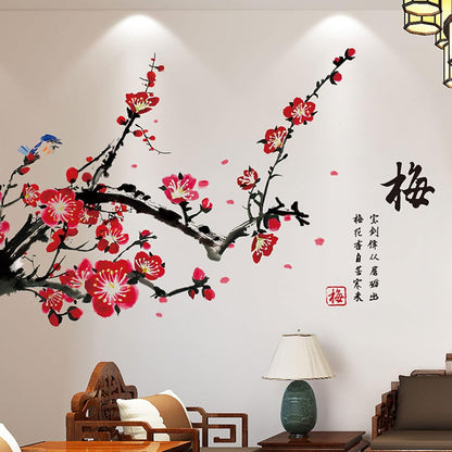 Plum Blossom and Red Flower Tree DIY Removable Wall Sticker for Bedroom Living Room Office
