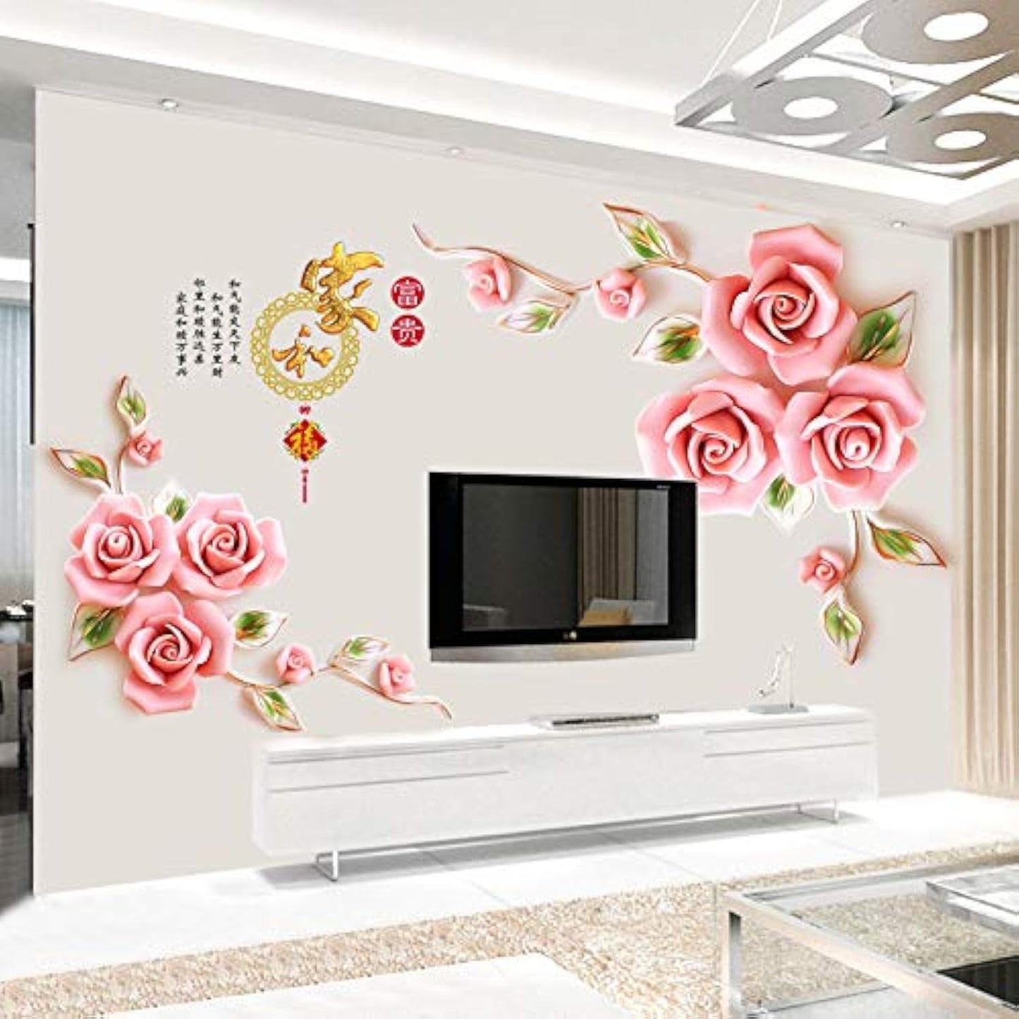 XXL Roses Pink Rose Flowers Wall Sticker  Mural Pictures Floral Butterfly Wall Art Decor for Living Room Bedroom Sofa  Decoration GS9602 Size: 60x90cm