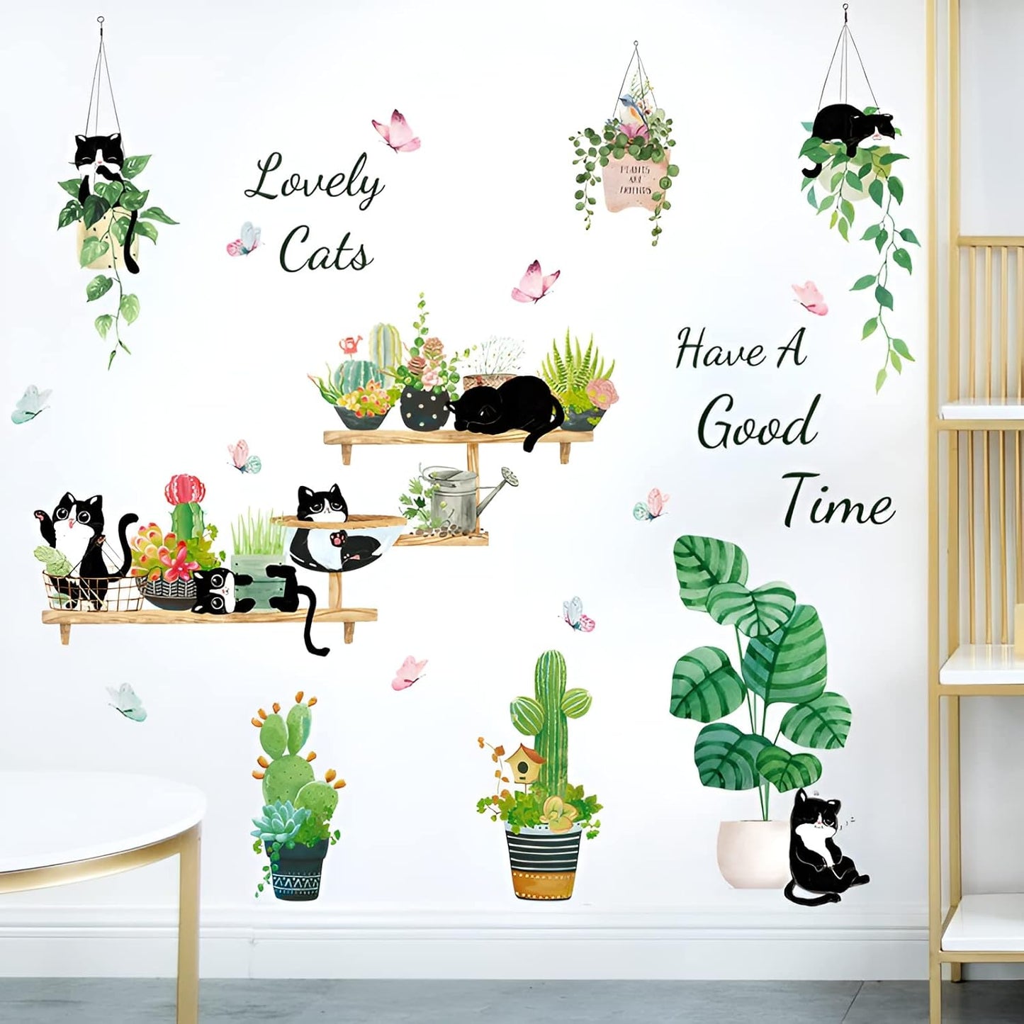 HT94022 Wall Stickers Cartoon Cat Tropical Plant Wall Stickers Decorative