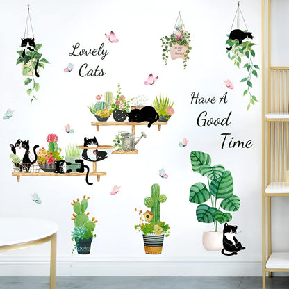 HT94022 Wall Stickers Cartoon Cat Tropical Plant Wall Stickers Decorative