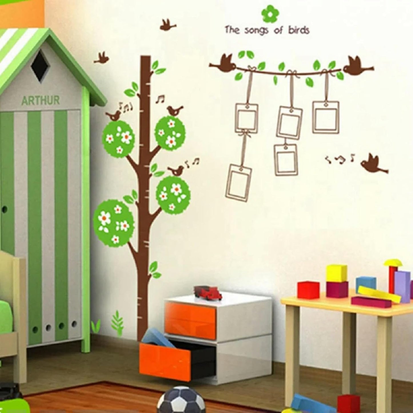 Sweet Memory Character Tree and Green Leafs of Nine Picture Frame and Two Birds for Home Wall