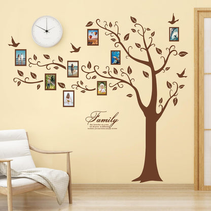 Large Family Photo Tree Wall Sticker 3D Peel and Stick Vinyl Photo Frame Tree Wall Decals Removable Quotes Leaf and Birds Wall Decor for Home Kids Bedroom