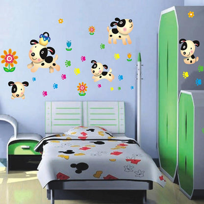 Happy Dogs and Flowers Leaves Wall Decal Home Sticker Ay7036