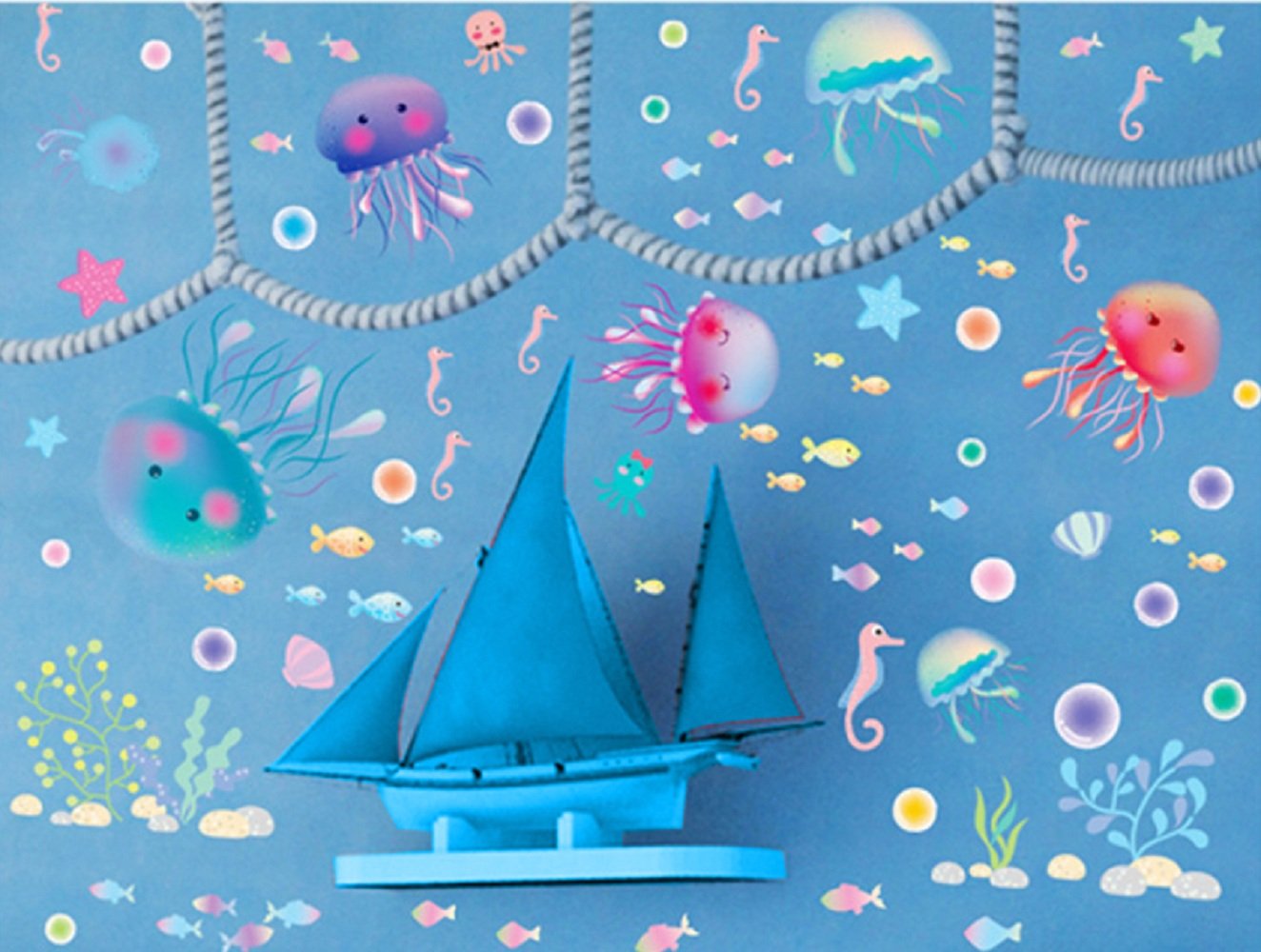 Adam Victor Removable Creative 3D Fun Fish Jellyfish Underwater World Wall Decals Kids Room Wall Decorations Art Décor Stickers Nursery Décor 3D DIY PVC Art Decal Bedroom Bathroom Sticker Xl3042  Size:18x12