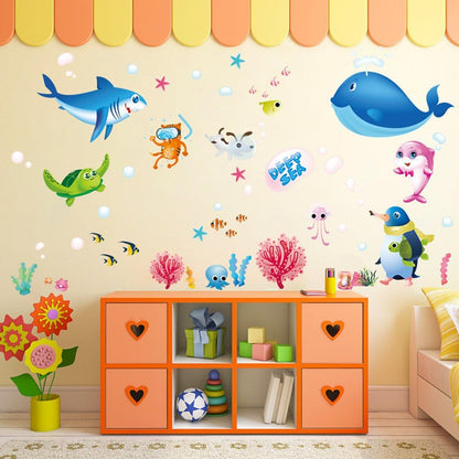 Xl7225Cartoon Animals Wall Stickers Photo Frames Removable Wall Decals Home Decor PVC Art Mural Baby Boys Girls Kids Bedroom Kitchen Decoration Posters Wall Sticker (Whale Shark Dolphin Sea Aniamls)