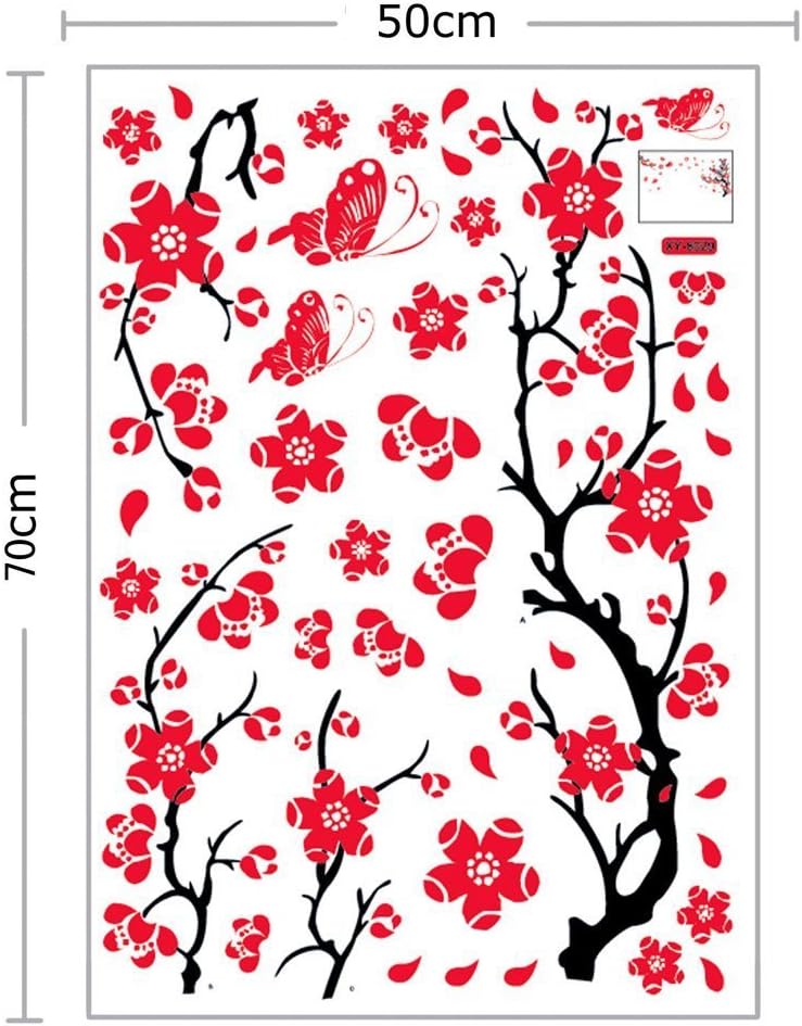 AGA Stylish Adhesive Rooms Walls Vinyl DIY Stickers/Murals/Decals/Tattoos/Transfers with Red Japanese Cherry Blossoms Tree/Branch and Butterflies Designs size 50x70
