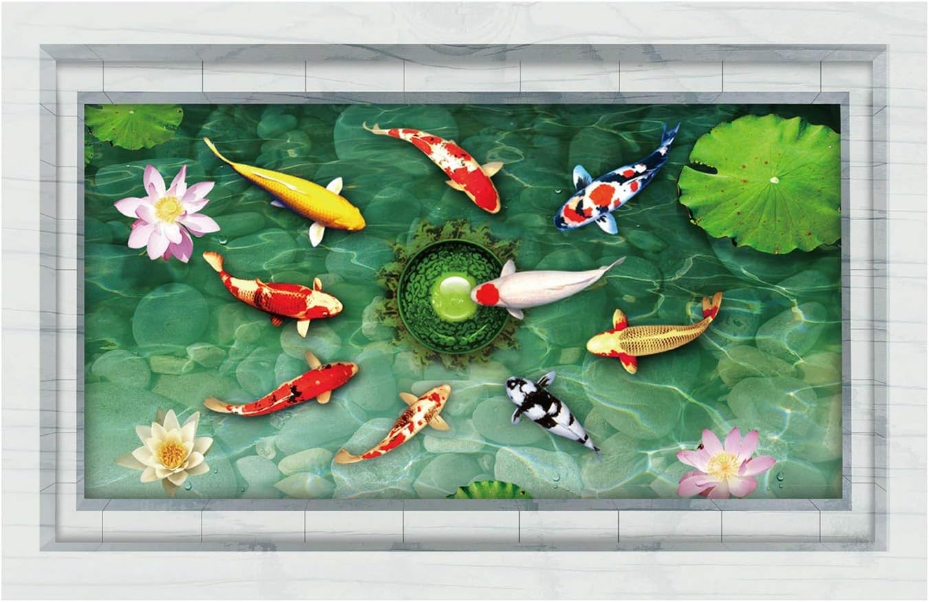 Home Find Fake Fishpond Decals High Definition Lotus Flowers Koi Fish Carps Wall Stickers Vinyl Murals for Bathroom Washroom Arts Peel and Stick Waterproof Floor Decoration 35 inches x 23 inches