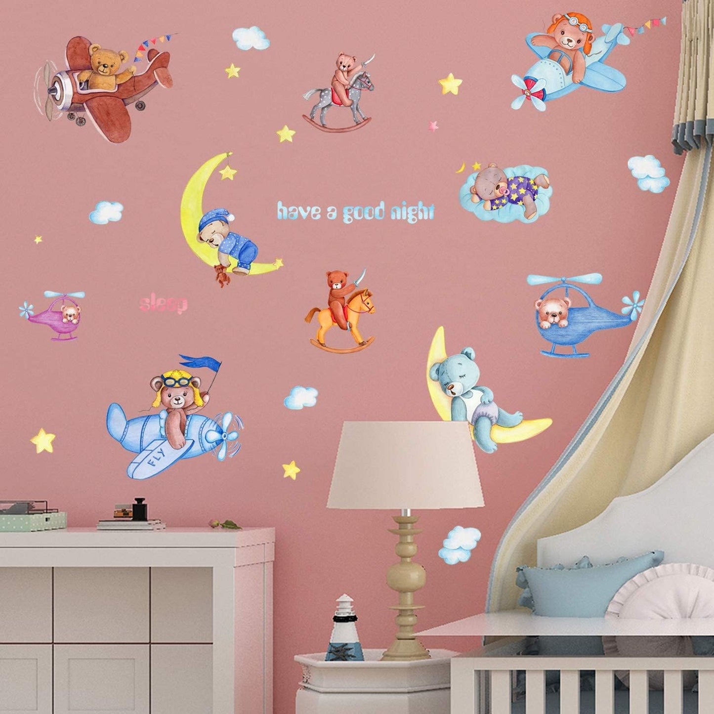 METH HM71012 CUTE BEAR SLEEP N PLANE GOODNIGHT WALLSTICKER WALL STIKER