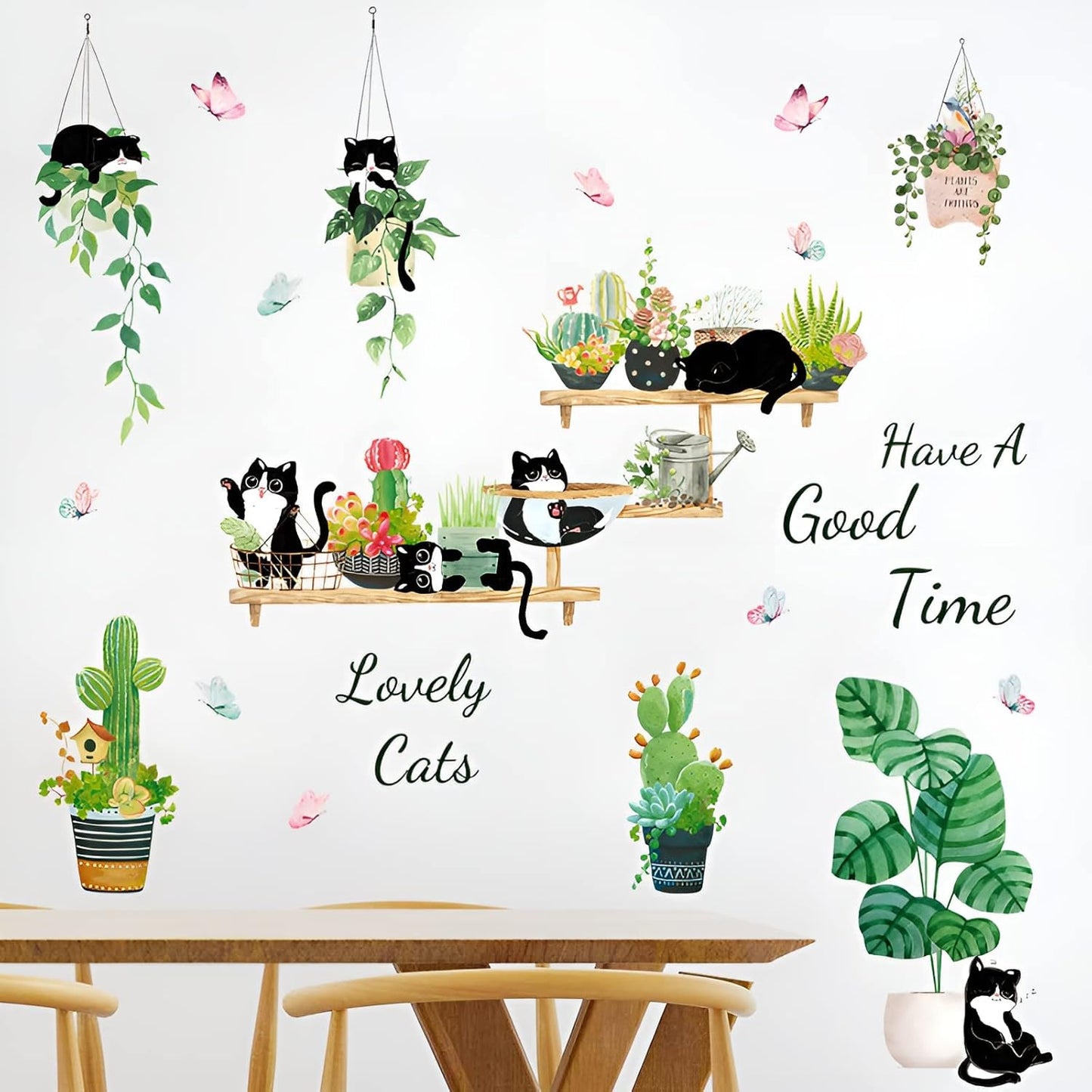 HT94022 Wall Stickers Cartoon Cat Tropical Plant Wall Stickers Decorative