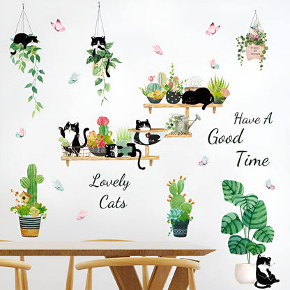 HT94022 Wall Stickers Cartoon Cat Tropical Plant Wall Stickers Decorative