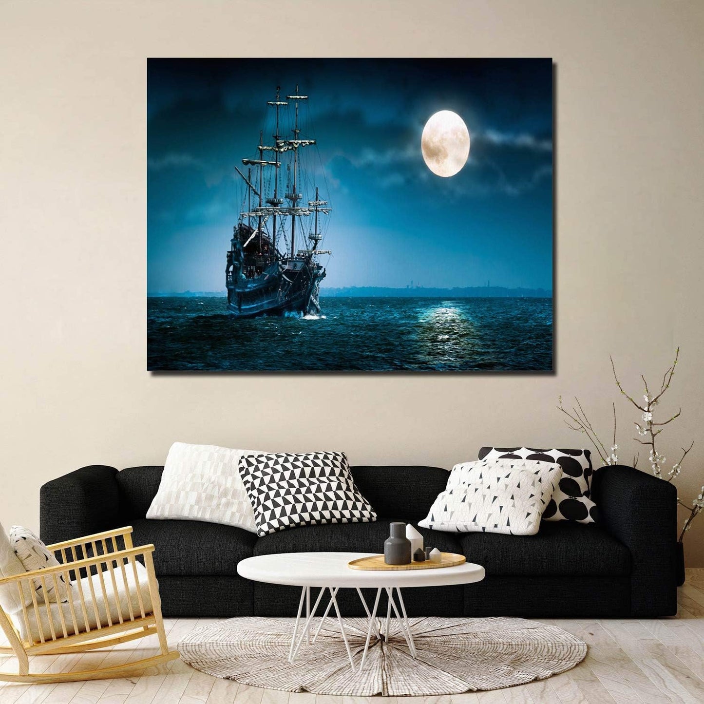 Ay8012 Canvas Wall Art - Night Boat Sailing Marine Moon Pictures - Modern Gallery Wall Decor Giclee Print Stretched and Framed Ready to Hang