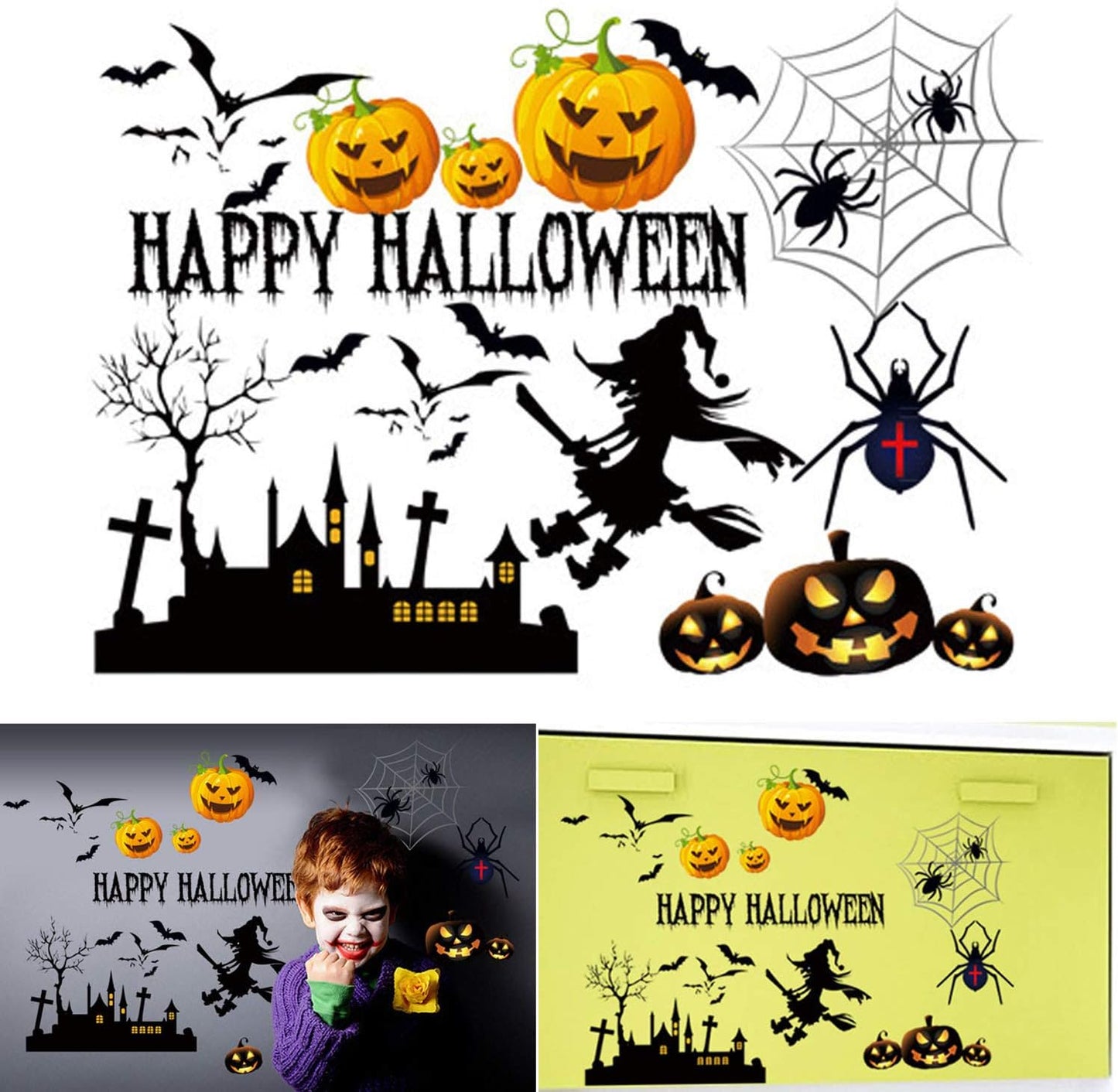 Unique Bargains Halloween Pumpkin Witch Moon Bat Pattern Wall Sticker Black