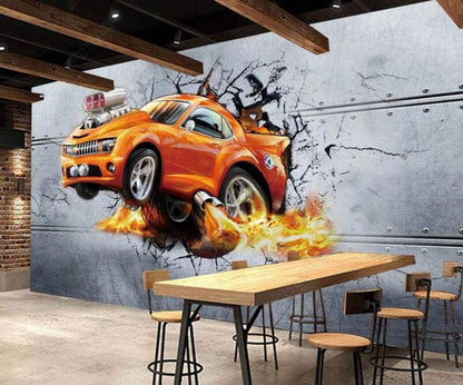 Xh7256 Decoration Murals Wall 3D Industrial Wind Breaking Wall Car Metal Tire Sports Car Mural Background Wall-400Cmx280Cm