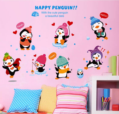 XH1059c BIBITIME Kindergarten Classroom Nursery Cartoon Saying Quotes Happy Penguin Wall Decals Stickers Bedroom Kids Room Decor,DIY