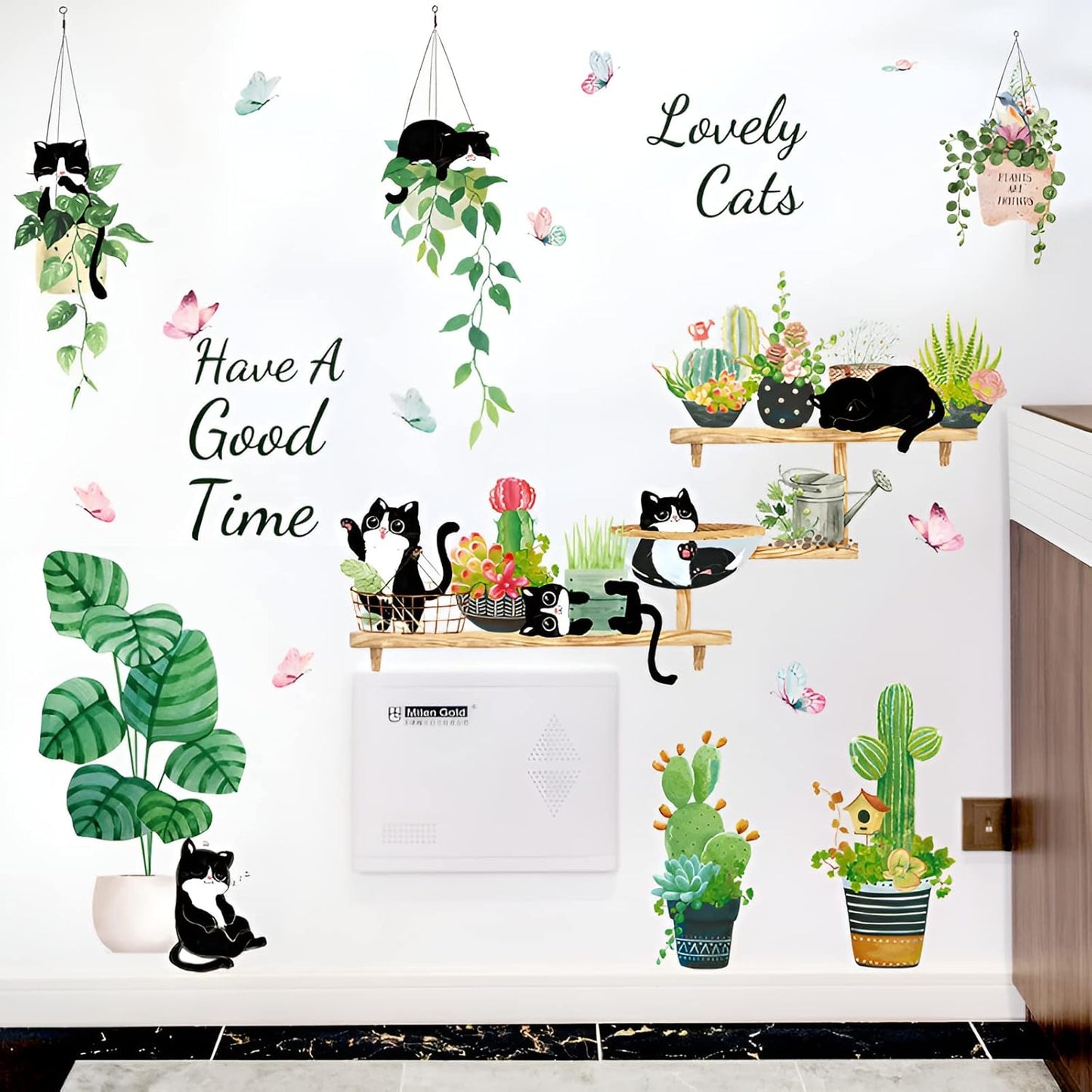 HT94022 Wall Stickers Cartoon Cat Tropical Plant Wall Stickers Decorative