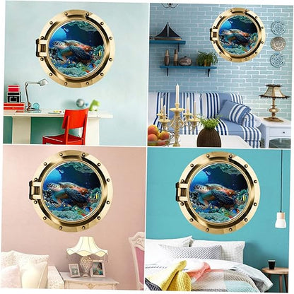DNVEN 20 inches x 20 inches 3D Vivid Undersea Tropical Fishes Sea Turtles Window View Faux Submarine Window Partial Frosted Frosting Murals Wall Decals Removable Wall Stickers for Bedrooms Home Arts
